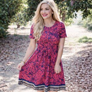 LuLaRoe Amelia Dress Blue Coral Pink Floral Pattern Pockets Fit & Flare, Sz XL